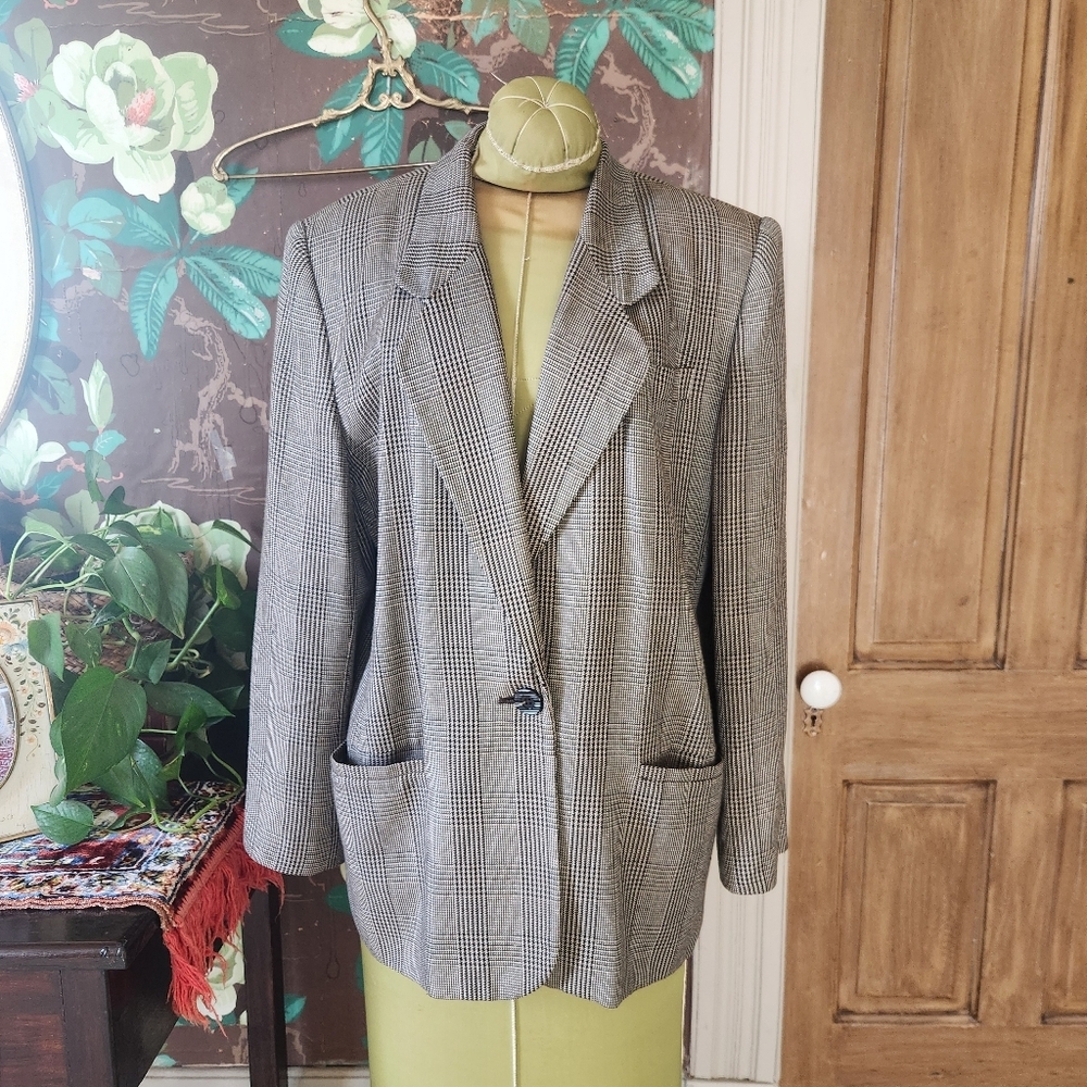 Vintage Worthington Blazer Womens 14 Plaid Glen Check Brown Black 90s USA